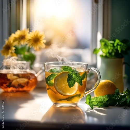 Tea with lemon in a cup by the window with flowers.