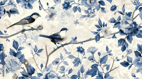 majestic blue birds on a branch with blue flowers, chinoiserie wallpaper ideal for tranquil atmosphere. vintage wallpaper design