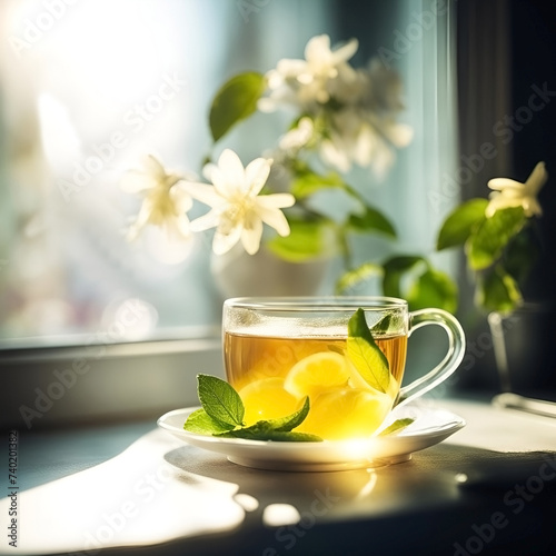 Tea with lemon in a cup by the window with flowers