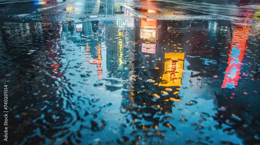 Obraz premium Night streets after rain with reflections on wet asphalt. Wet asphalt, city night landscape. Night life