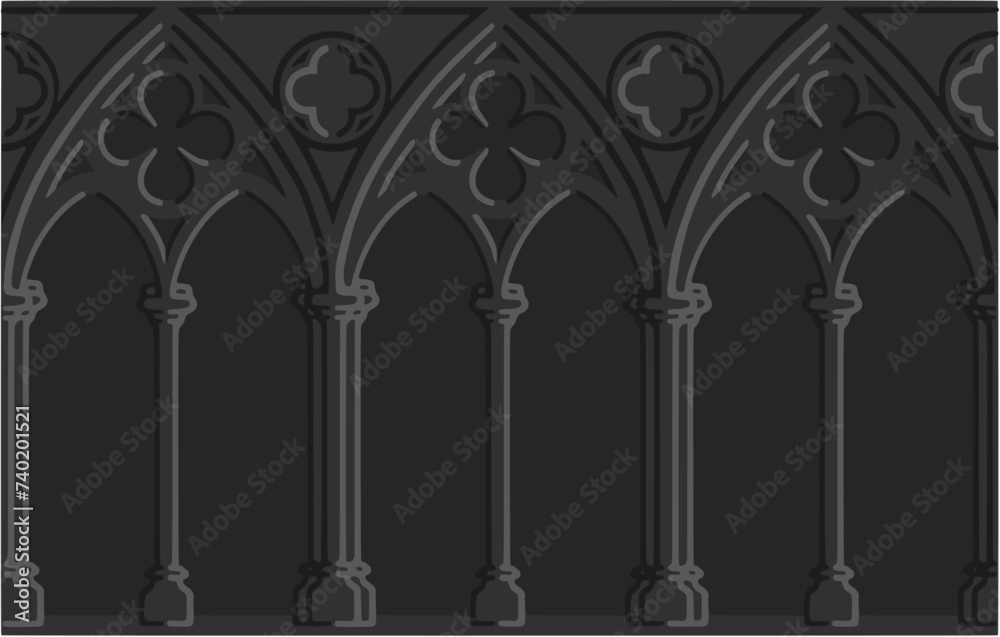 Fototapeta premium Gothic decorated arcade drawing. Stone ornamented triforium illustration; vector