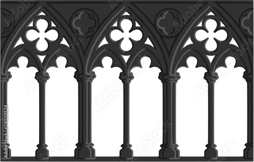 Gothic decorated arcade drawing. Stone ornamented triforium illustration; vector