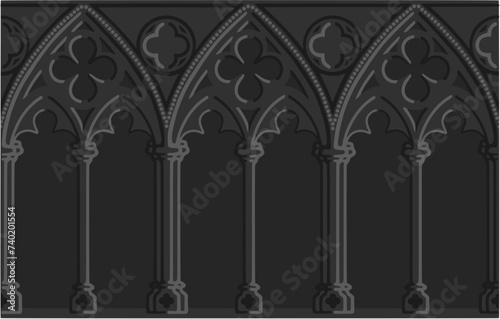 Gothic decorated arcade drawing. Stone ornamented triforium illustration; vector