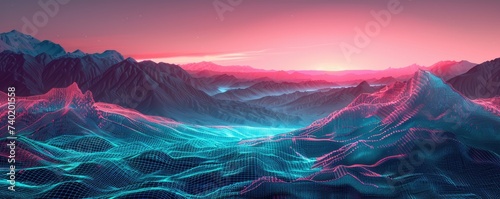 Electronic landscape at dusk combining wireframe design with a vintage color palette
