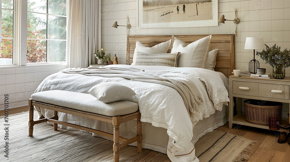 A bedroom with a Scandinavian style bench at the foot of the bed, doubling as storage or seating