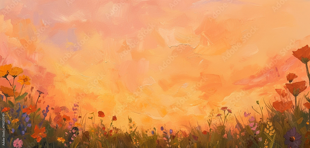 An impressionistic painting of a sunset over a wildflower meadow, capturing the freedom and joy of a festival with the sky transitioning from orange to dusky pink