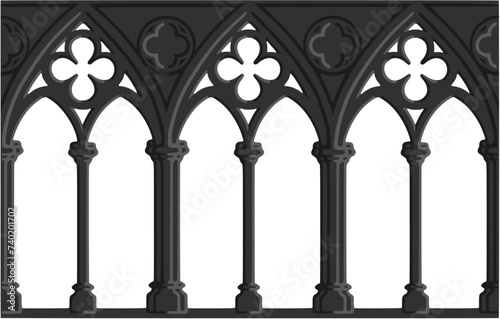Gothic decorated arcade drawing. Stone ornamented triforium illustration; vector