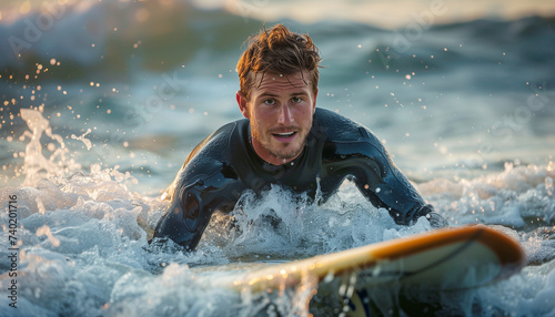 Portrait of handsome young man dressed wetsuit paddling on long surfboard on waves. Happy childhood and active vacation time, active people, and extreme sport concept on the ocean coast surfing spot.