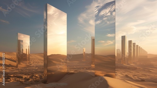 mirror sculptures in the desert, geometric shapes 