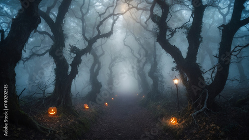 A path through a foggy forest with trees