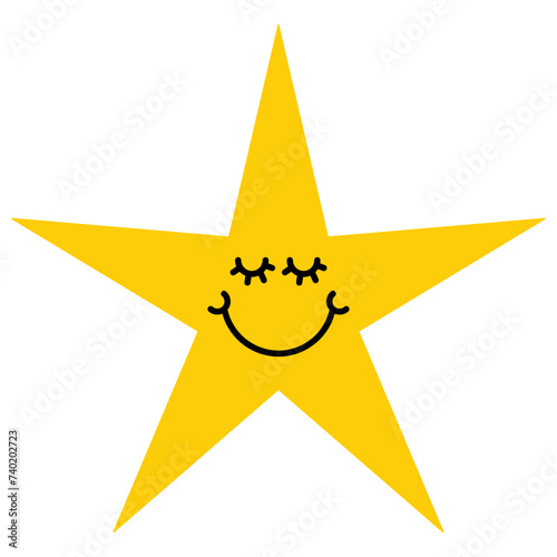 Yellow joyful star with closed eyes and smile. Retro pop sticker vibes. Flat doodle style. Vector illustration.