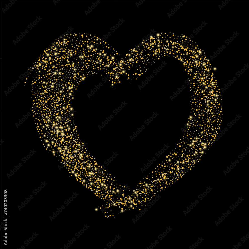 Confetti with gold glitter in the shape of a heart on a black background. Shiny particles and sand are scattered. Decorative element, golden heart. Luxury holiday background, vector