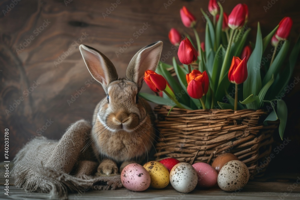 Obraz premium Happy Easter Eggs text field. Bunny hopping in flower decorative wreaths decoration. Adorable hare 3d bunny cap rabbit illustration. Holy week easter spine flower card Rose Vine