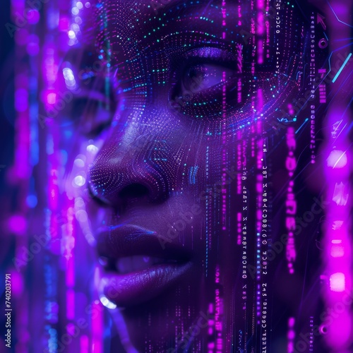 An 18-year-old african beautiful woman with vertical lines of purple and blue code cascade around her as holograms 