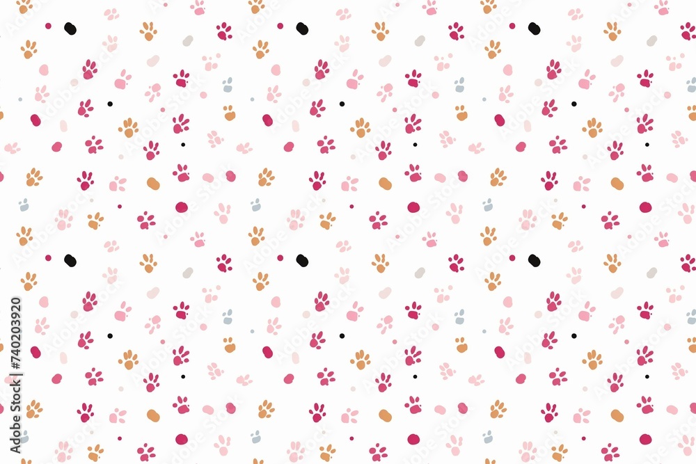 Seamless pet paw pattern with polka dots on a white background