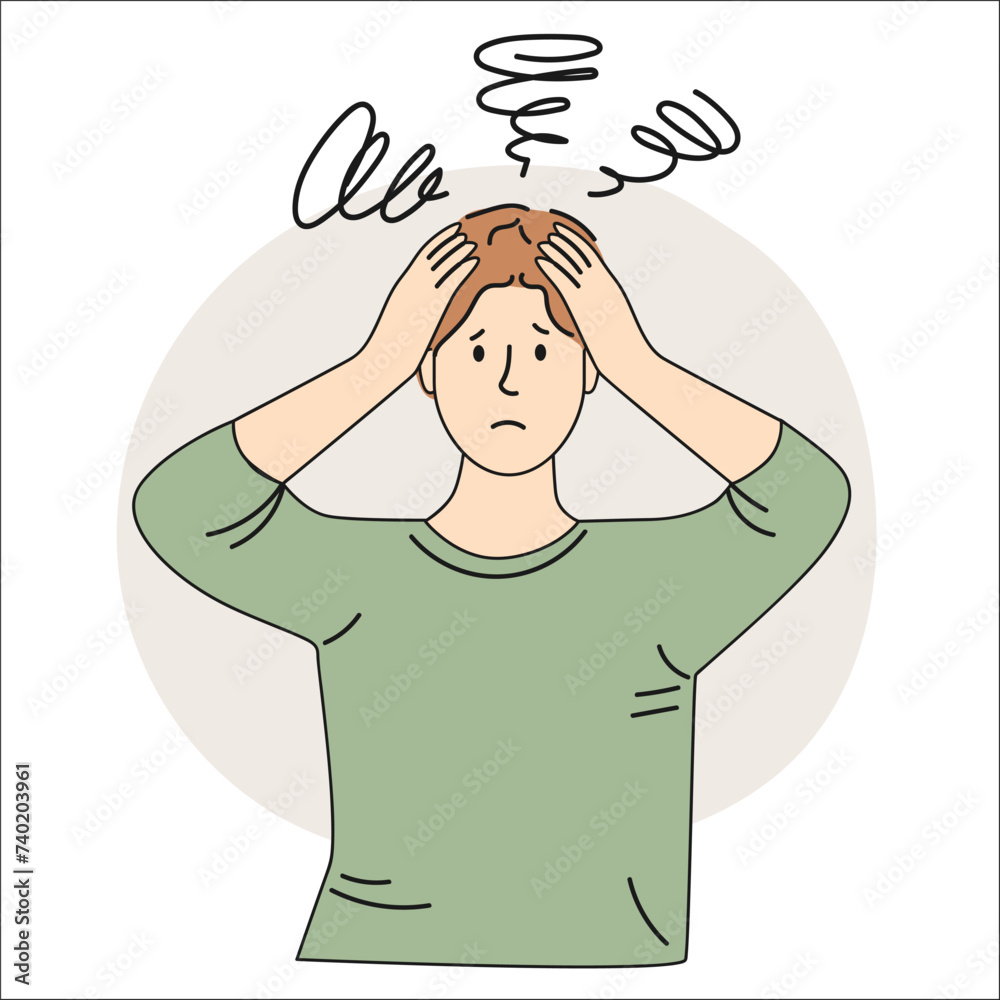 Vector illustration of a guy in depression. Sad girl holding hands on her head. Headache. Vector illustration of a guy in depression. Sad girl holding hands on her head. Headache.