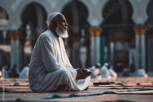 A Muslim man is sitting on the ground in front of a building.