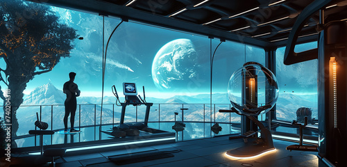 A virtual gym with immersive workout environments, in a room with views of a distant, futuristic planet