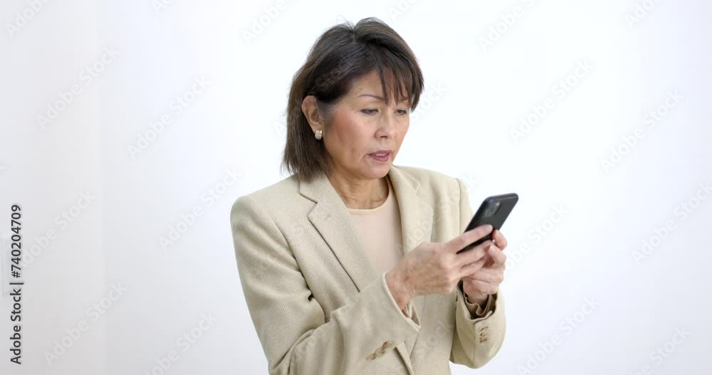 Attractive executive woman texting business using mobile smartphone technology standing in bright white office isolate. Attractive executive woman texting business using mobile smartphone technology standing in bright white office isolate.
