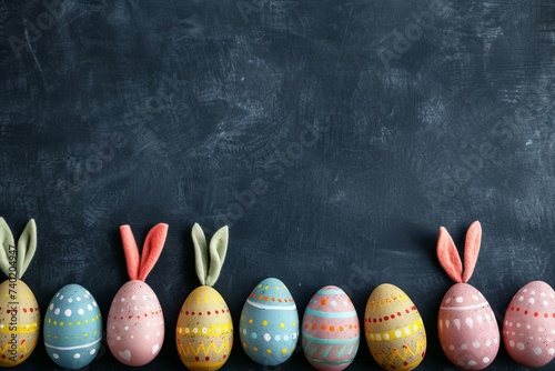 Happy Easter Eggs caption space. Bunny hopping in flower stepchildren decoration. Adorable hare 3d easter basket fillers rabbit illustration. Holy week easter dinner card Jade photo