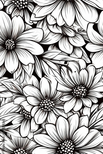 Coloring book flowers doodle style black outline.