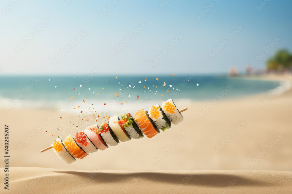 Obraz premium Chopstick with delicious sushi slices and ingredients falling on the sand on the beach, sunlight coming through with the sea in the blurred background with blue sky, copy space for text