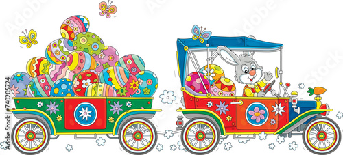 Greeting card with a happy Easter Bunny driving its fancy retro car with colorfully painted gift eggs for the holiday, vector cartoon illustration isolated on a white background