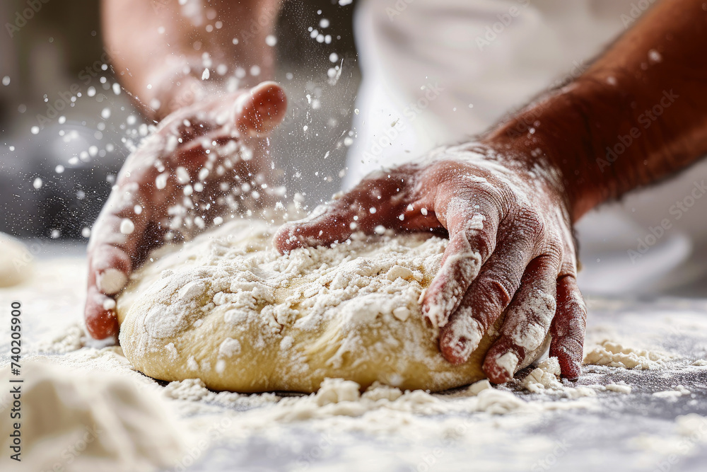 Fototapeta premium Person kneading dough on the table generative 