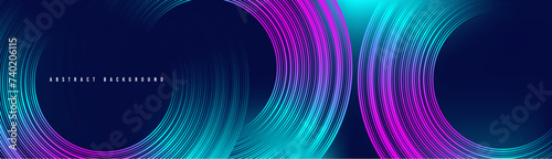 Abstract blue and pink glowing geometric lines on dark blue background.