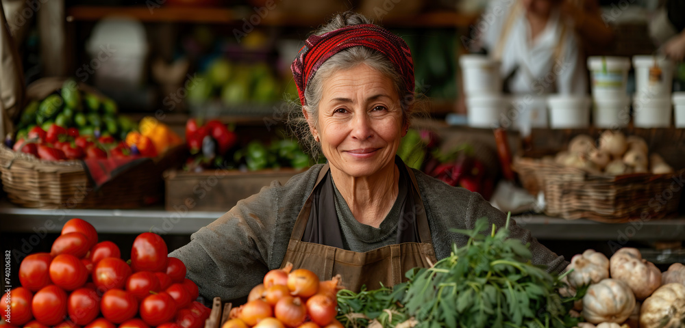 Person in the market. Portrait of a smiling middle-aged woman arranging vegetables at a market stall.