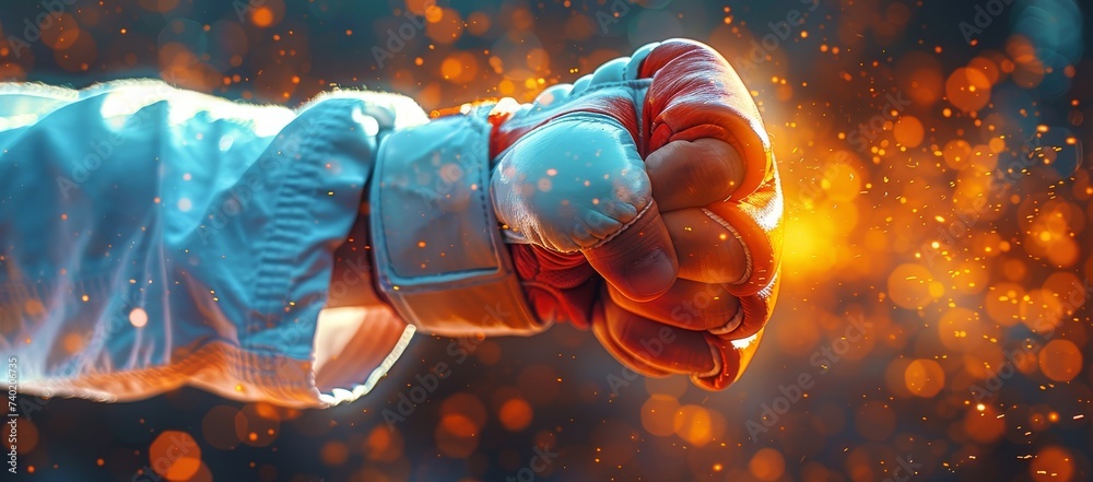 A determined fighter prepares to battle their opponent, fists clenched and ready in a pair of red boxing gloves - obrazy, fototapety, plakaty 