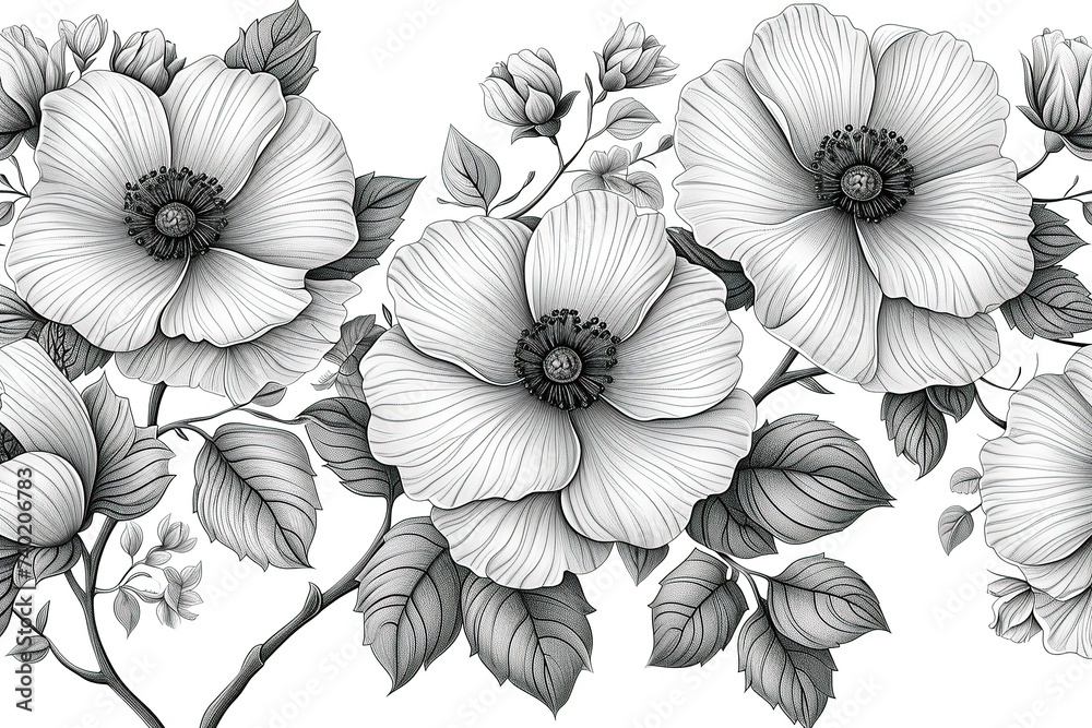 Coloring book flowers doodle style black outline.