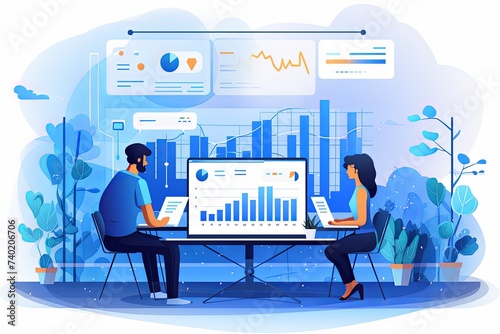 Business people working with data analysis management, consulting and marketing communication concept isometric illustration background