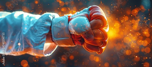 A determined fighter prepares to battle their opponent, fists clenched and ready in a pair of red boxing gloves