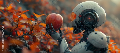 A playful lego robot enjoys the outdoors while clutching a juicy red apple, ready for a whimsical cartoon adventure photo