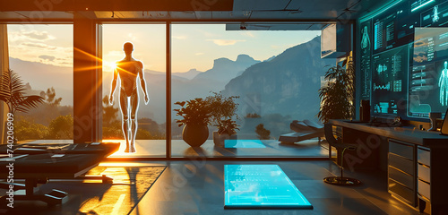 A holographic body scanning device in a clinic, with a view of a peaceful, sun-drenched valley photo