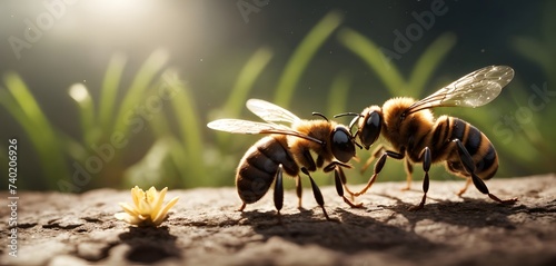 Two honeybees, pollinators and insects, are standing next to each other on a rock in a natural landscape. These arthropods play a vital role in pollinating terrestrial plants photo