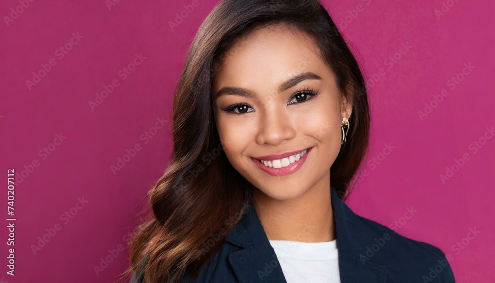 Young Latina woman with happy positive smile, wide banner dark pink copy space background Young Latina woman with happy positive smile, wide banner dark pink copy space background