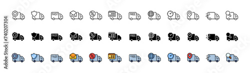 Delivery truck icons collection. Linear, silhouette and flat style. Vector icons