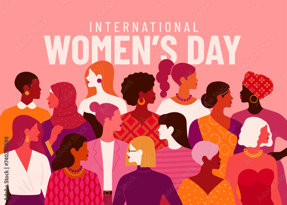 International Women's Day concept. Vector horizontal illustration in modern flat style of a big group of diverse multiracial women. Isolated on pink background International Women's Day concept. Vector horizontal illustration in modern flat style of a big group of diverse multiracial women. Isolated on pink background