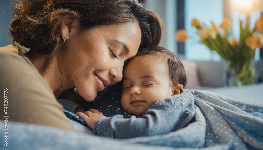 Tender bond Bright image of a mother's love with her peacefully sleeping infant at home bed Tender bond Bright image of a mother's love with her peacefully sleeping infant at home bed