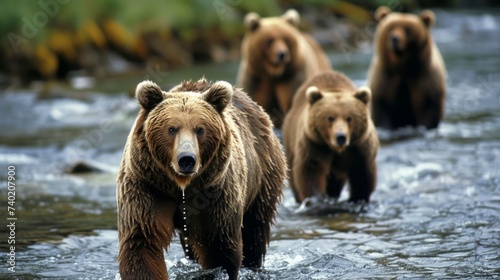 Group of Alaskan brown bears fishing in river photo