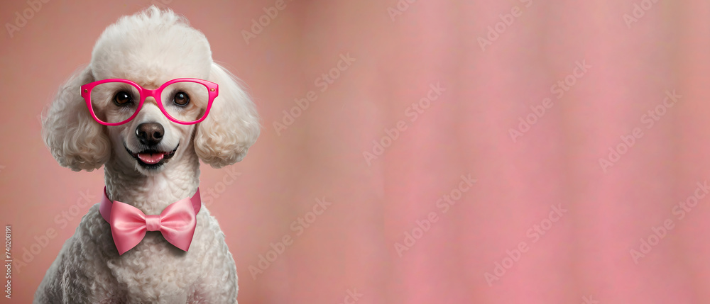 A white poodle with fluffy fur looks forward, with pink glasses, on a pink background. The dog looks cheerful and well-groomed. A place for a text for a pet store.