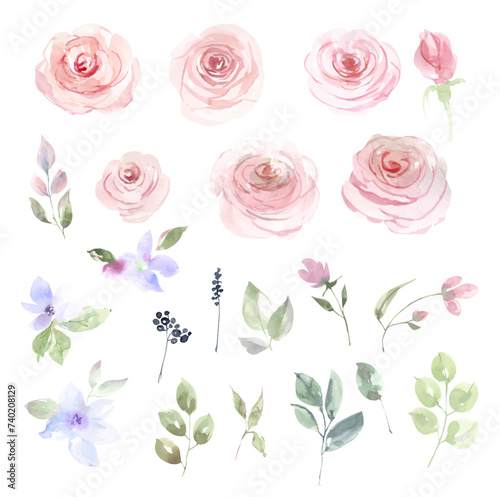 Wreaths, bouquets and frames of watercolor spring roses flowers for invitations, cards, holiday background, pink summer roses, scrapbooking. Watercolor design, Delicate pink flowers, green foliage