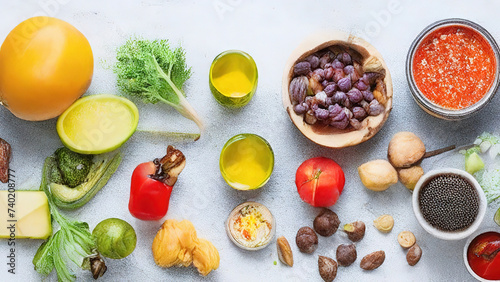 Balanced Border liver detox diet food concept, fruits, vegetables, nuts, olive oil, garlic, Cleansing the body