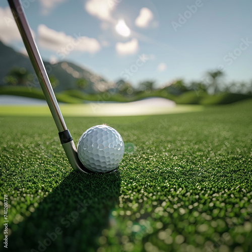 Golf ball and club on green field