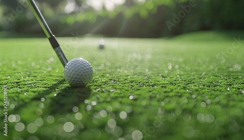 Golf ball and club on green field