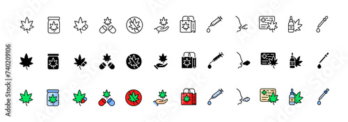 Medical marijuana icon collection. Marijuana icons. Linear, silhouette and flat style. Vector icons