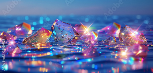 A cluster of hyper-realistic rainbow opaque sparkling crystals floating in mid-air, light reflecting off a body of water beneath them, set against a deep blue background