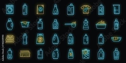 Wash softener icons set. Outline set of wash softener vector icons neon color on black